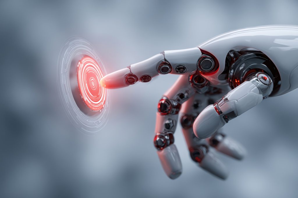 Robot hand touching a virtual screen with a neon red hologram circle icon with its finger on grey background. Concept of futuristic digital technology, robot technology, cyberspace, metaverse.