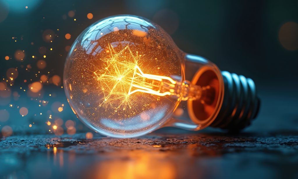Bright lightbulb shines with creative sparks. Idea concept visualization. Glowing electric light signifies innovation, solution, inspiration. Visual for progress, business, brainstorming. Power,