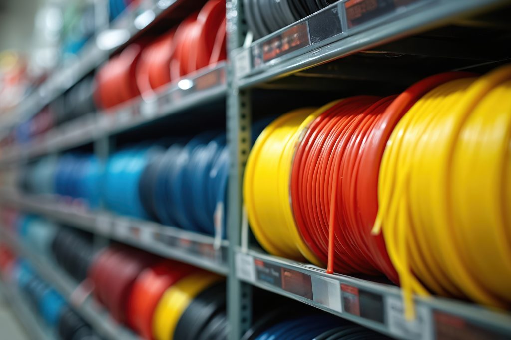 Colorful electric cable spools line shelves in hardware store. Coils of bright wire on sale in retail warehouse. Large product assortment supplies for construction, repair, home improvement projects.