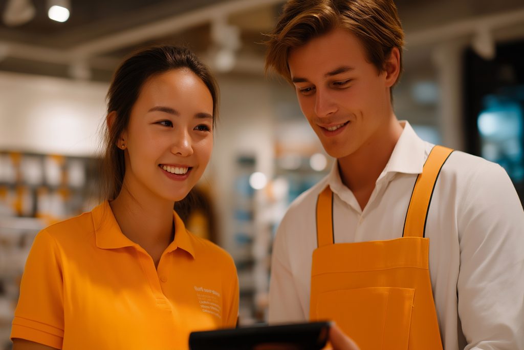 A store employee helping a customer choose the right type of drill or saw, symbolizing customer service, professional advice, and personalized assistance in retail for repair and construction